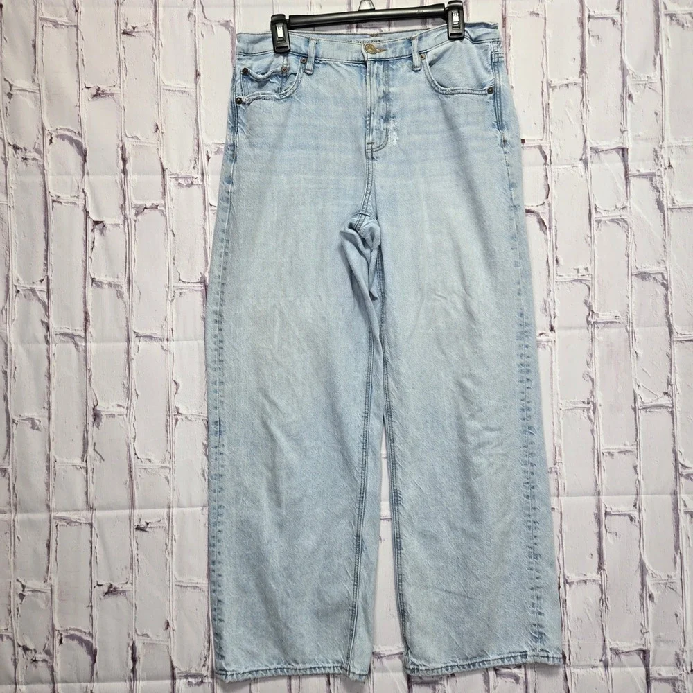 Y2K American Eagle 90s‎ Wide Leg Jeans Womens 12 Regular Light Wash Distressed